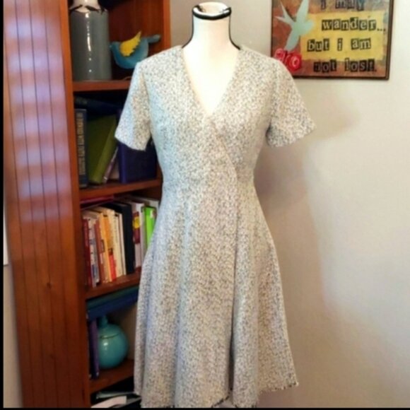 Anthropologie Mo: Vint Tweed Wrap Dress Oatmeal Black V Neckline Size Medium - Picture 1 of 10
